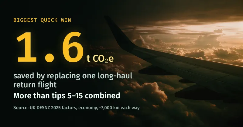 An airplane wing above clouds at sunset, beside the saving from replacing one long-haul return flight: about 1.6 t CO₂e
