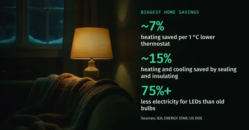 A cozy living room at night with a warm lamp, beside three savings: about 7% of heating per 1 °C lower, about 15% from sealing and insulating, and 75% less electricity for LED bulbs